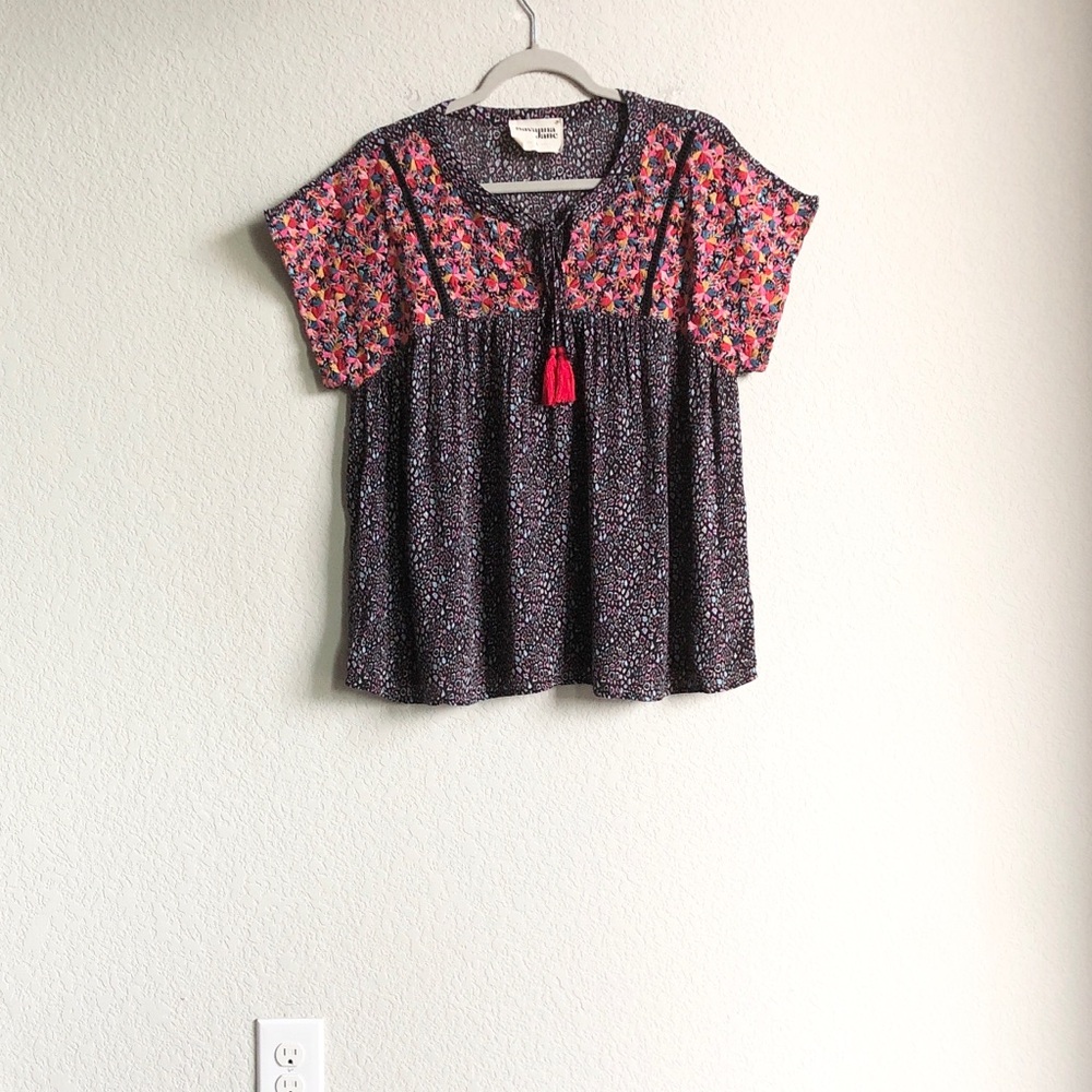Savanna Jane Embroidered Short Sleeve Peasant Babydoll Blouse Top Tassel Leopard